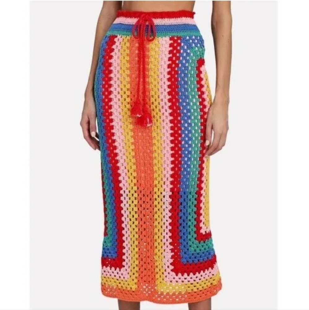 FARM RIO Rainbow Striped Scarf Crochet Skirt, NWOT, Size M